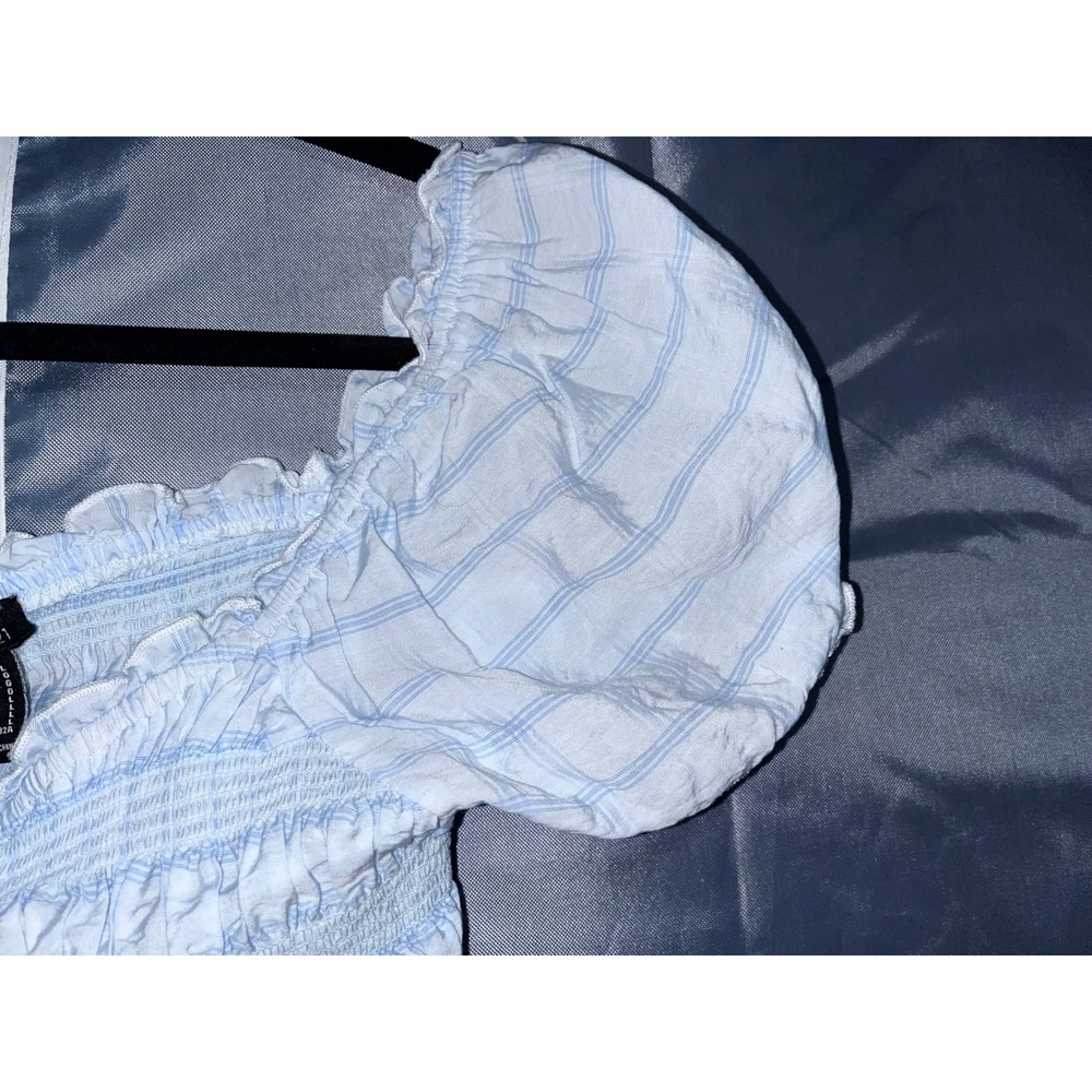 Forever 21 Blue Plaid Smocked Crop Top Puff Sleeve Drawstring Women's Size Large - Picture 4 of 7